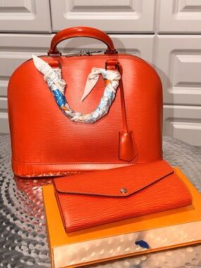 Louis Vuitton Orange Epi Leather Alma Satchel with Matching Wallet